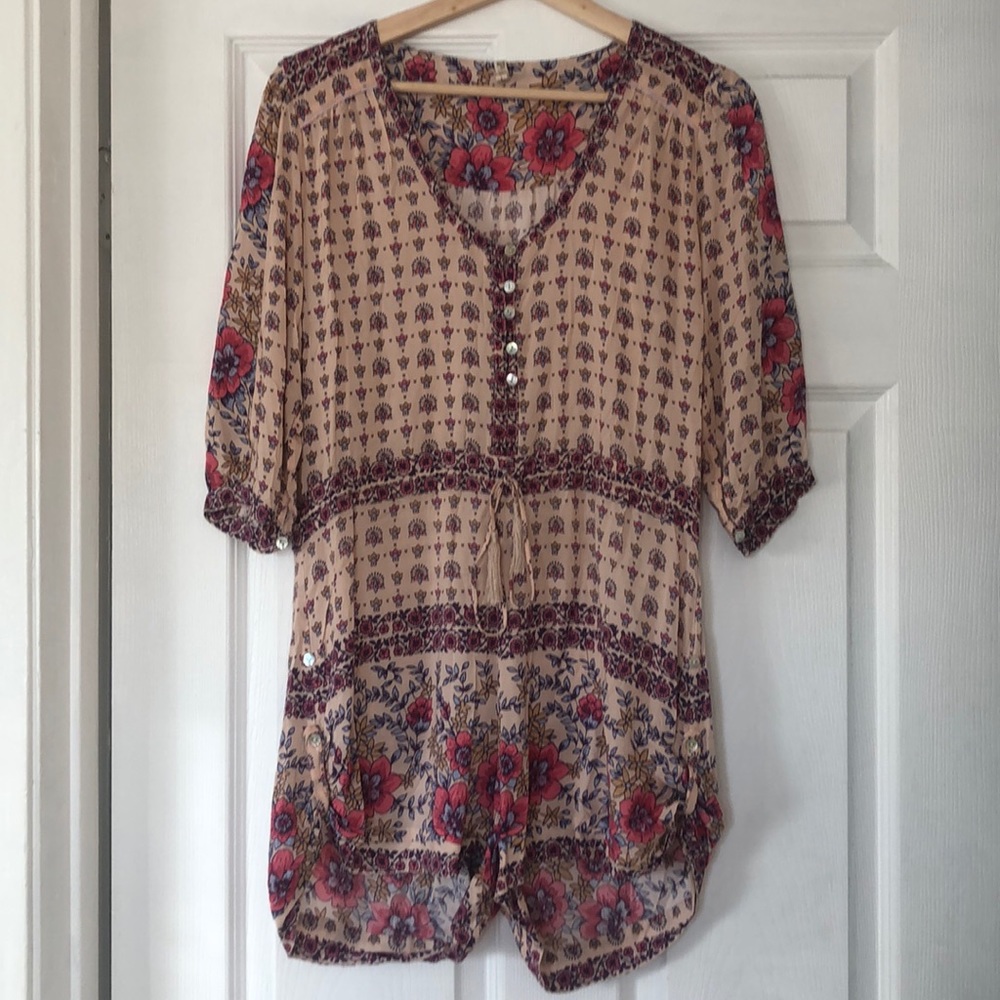 3/4 pink and peach printed romper